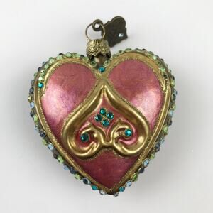 Jay Strongwater Heart Ornament Blown Glass Hand Painted Swarovski Detail Glitter